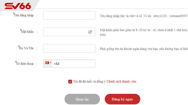 Điền thông tin vào biểu mẫu đăng ký SV66